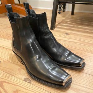 Calvin Klein 205W39NYC Black Patent Leather Chelsea Boots with Metal Toe Cap